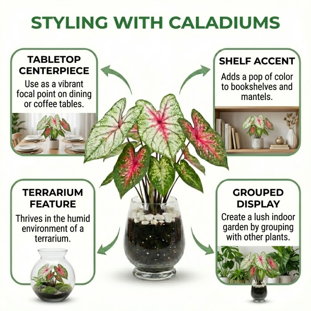 Alt Tag: Caladium bicolor Angel Wings indoor houseplant styling guide showing tabletop centerpiece, shelf accent, terrarium feature, and grouped display