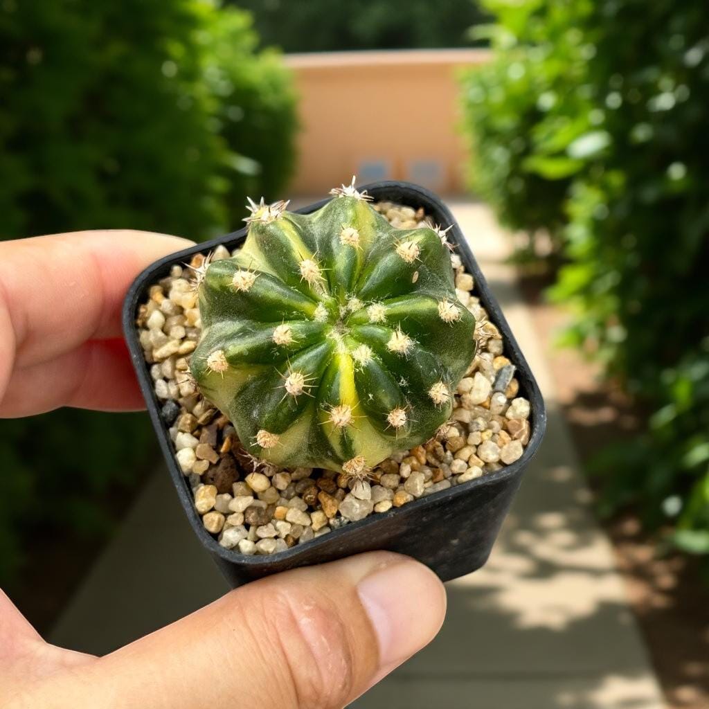 Alt Tag: variegated echinopsis cactus in small black pot, rare variegated Echinopsis succulent indoor plant gift for collectors