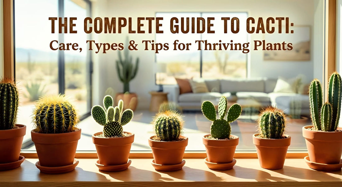 Cactus care guide banner with potted cacti on sunny windowsill showing how to care for cacti at home