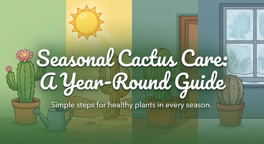 Alt Tag: seasonal cactus care guide infographic showing cacti through seasons with sunlight and indoor window for year-round cactus health