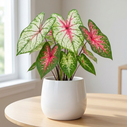 Alt Tag: Caladium bicolor Angel Wings indoor houseplant in white pot, vibrant pink and white leaves on tabletop near window