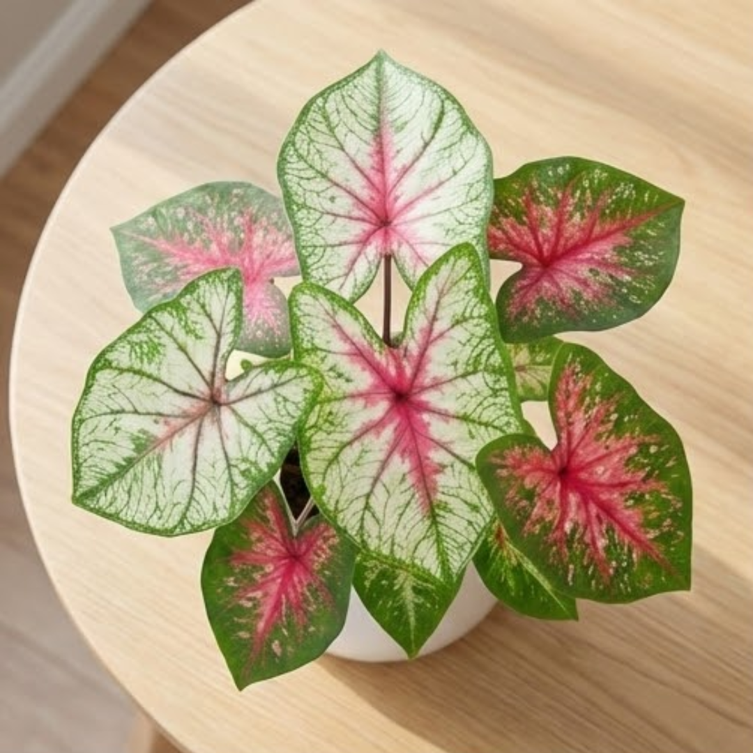 Alt Tag: Caladium bicolor Angel Wings indoor houseplant with vibrant pink and white leaves in a white pot on a wooden table