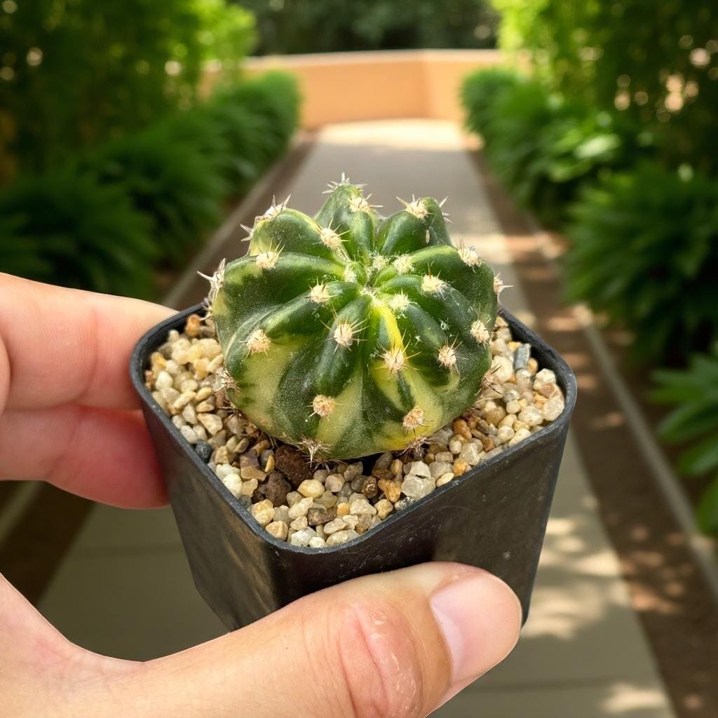 variegated echinopsis cactus in small nursery pot with gravel, rare variegated succulent indoor plant close-up