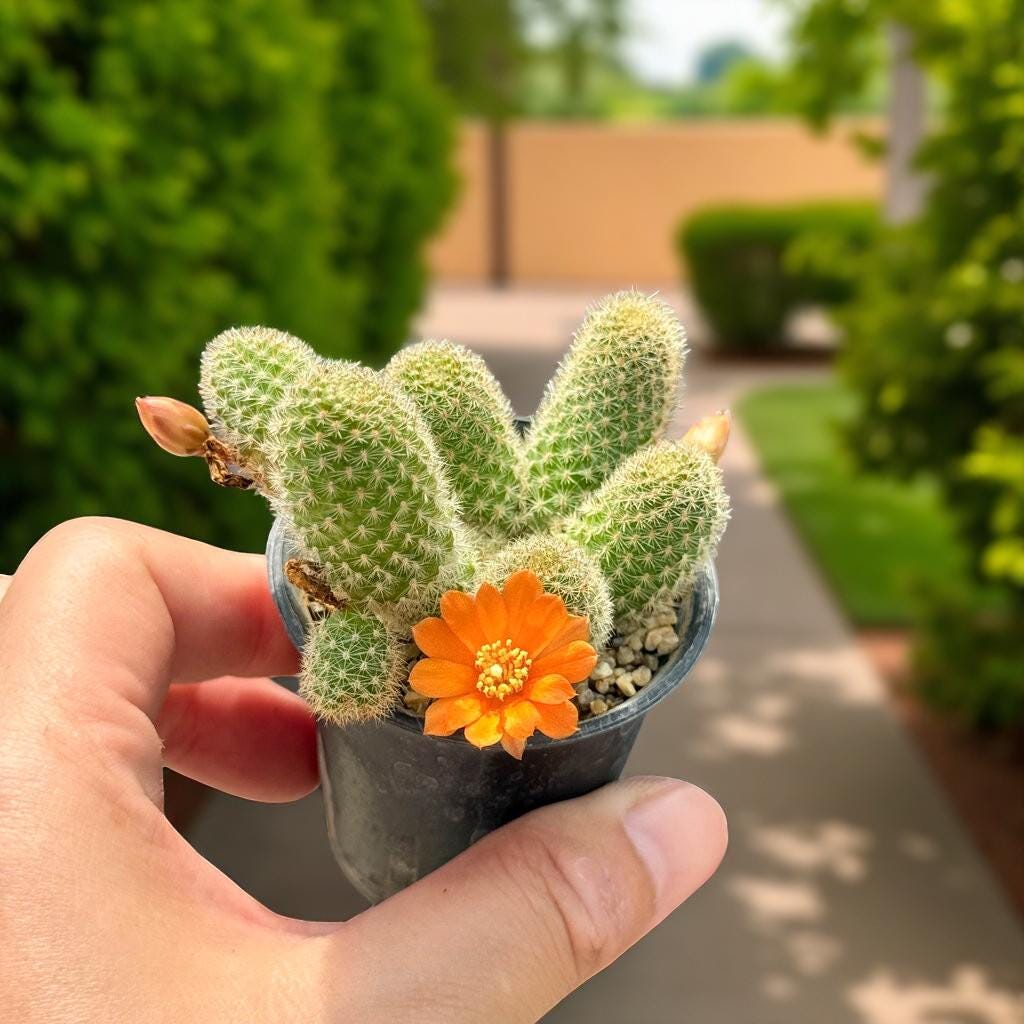 Styled Display View of Mini Flowering Indoor Cactus, Live Small Succulent Plant, Easy Care Desk Houseplant, Orange Bloom Cactus Gift, highlighting its cactus look and listing presentation