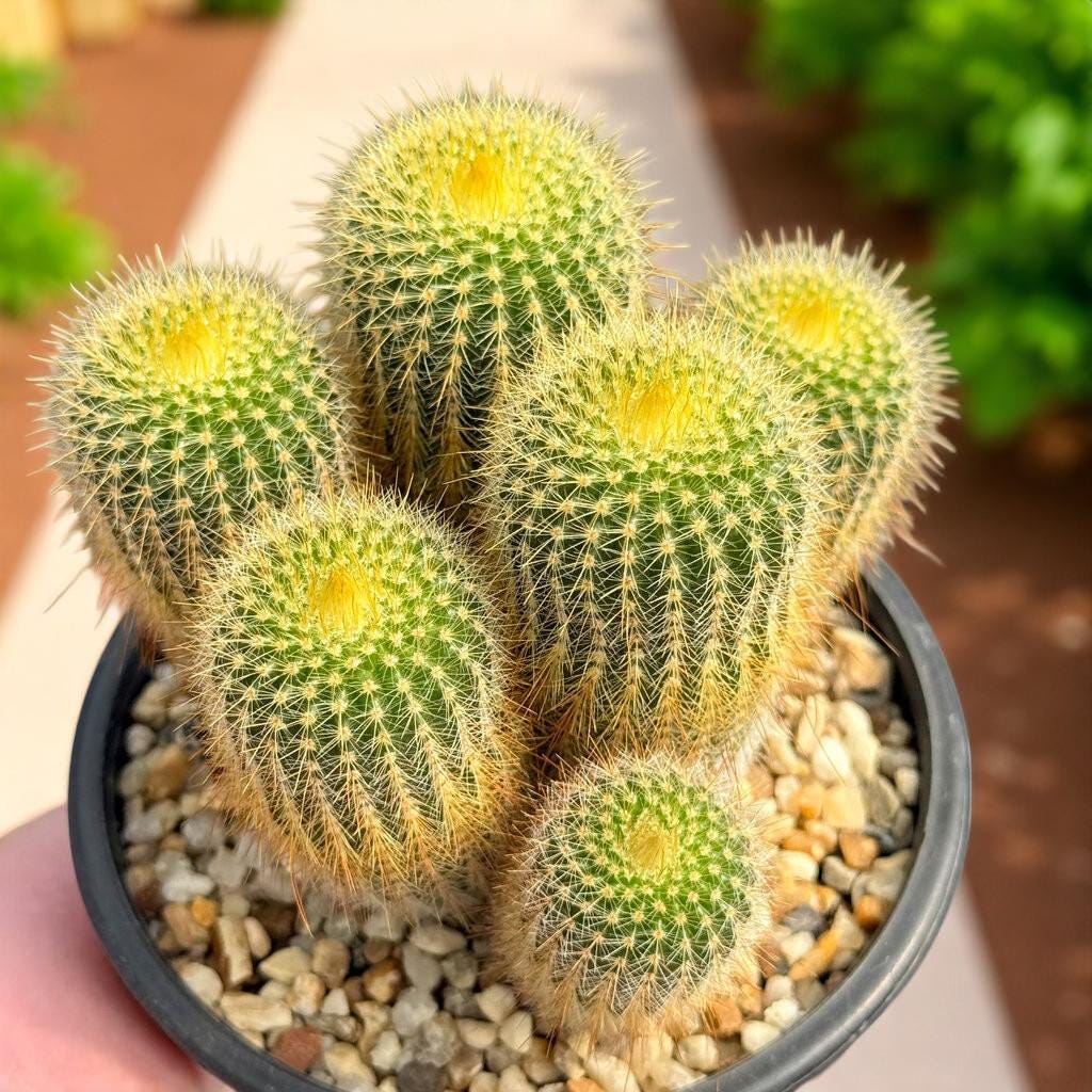 Packaging View of Golden Ball Cactus Indoor Plant, Mini Desert Succulent, Easy Care Houseplant, Small Potted Cactus, Desk Decor, Plant Lover Gift, highlighting its cactus look and listing presentation