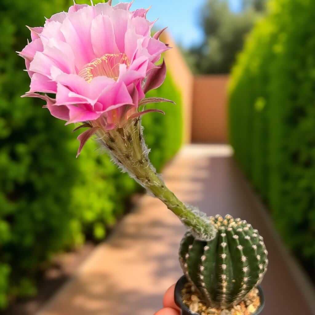 Alt Tag: Echinopsis cactus flowering succulent with large pink bloom on potted indoor cactus