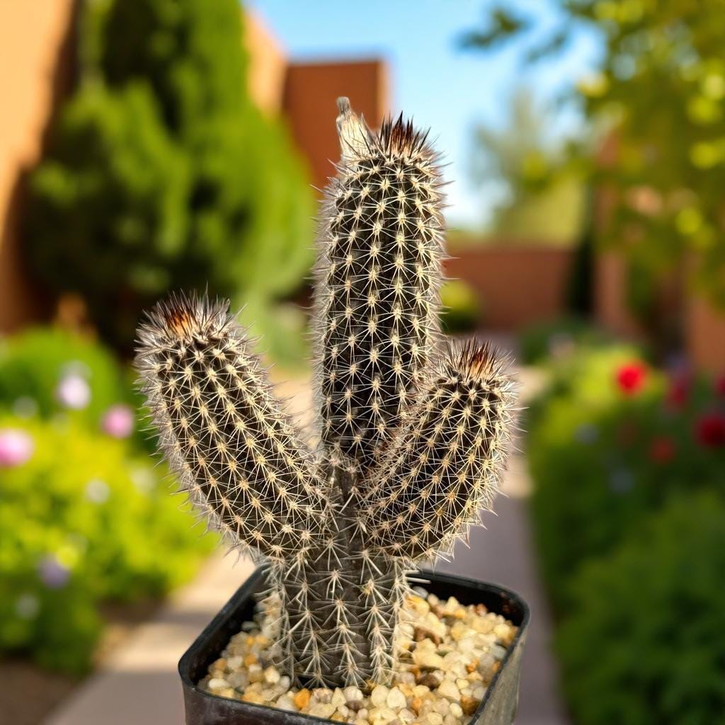 Alt Tag: black pencil cactus flowering succulent in small black nursery pot with gravel, sculptural dark stems cactus close-up