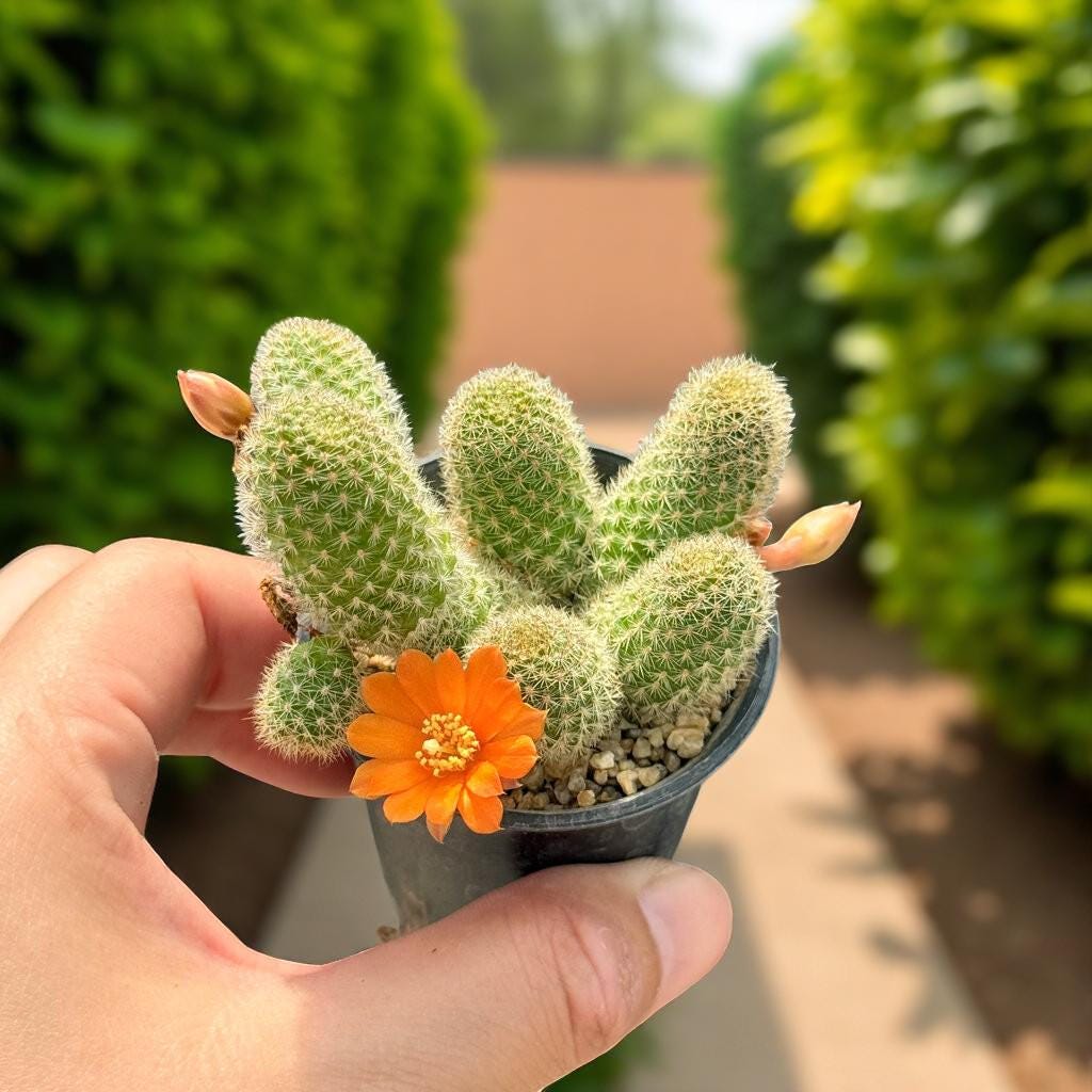 Scale Reference View of Mini Flowering Indoor Cactus, Live Small Succulent Plant, Easy Care Desk Houseplant, Orange Bloom Cactus Gift, highlighting its cactus look and listing presentation