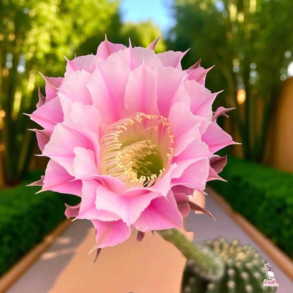 Alt Tag: Echinopsis cactus flowering succulent with large pink bloom indoors, vibrant fragrant flower close-up