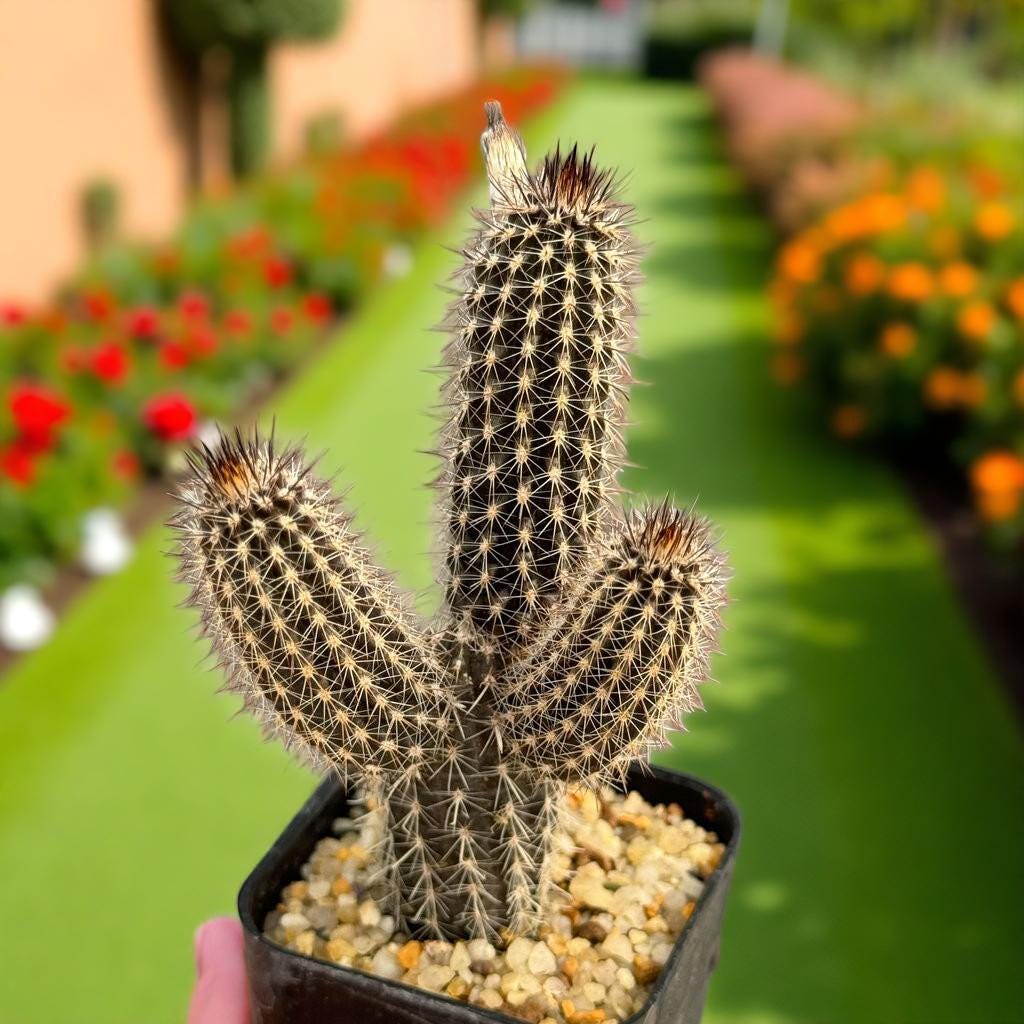 black pencil cactus flowering succulent in small nursery pot, dark spiky stems, unique sculptural houseplant gift