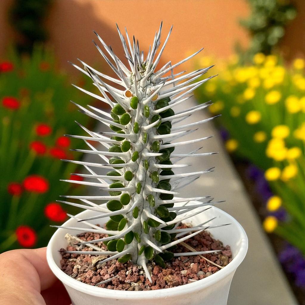 tall succulent plant for indoors in white pot, upright spiky stems, unique statement houseplant, easy-care live succulent