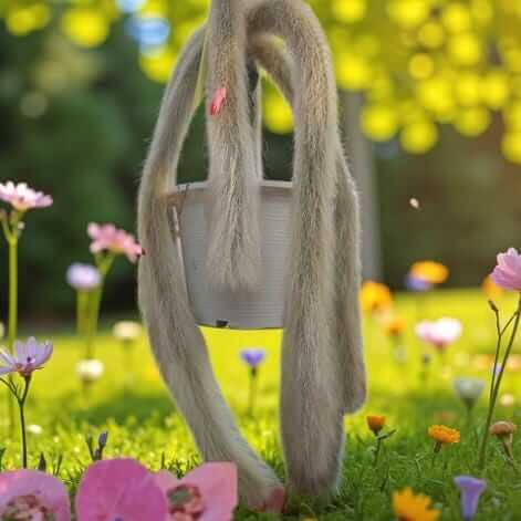 Alt Tag: monkey tail cactus plant with long fuzzy trailing stems in hanging pot outdoors among colorful flowers