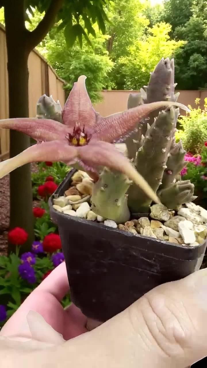 Styled Display View of Star-Shaped Succulent Live Plant, Spiky Indoor Cactus, Unique Flowering Houseplant, Easy Care Desk Plant, Exotic Home Decor Gift, highlighting its cactus look and listing presentation