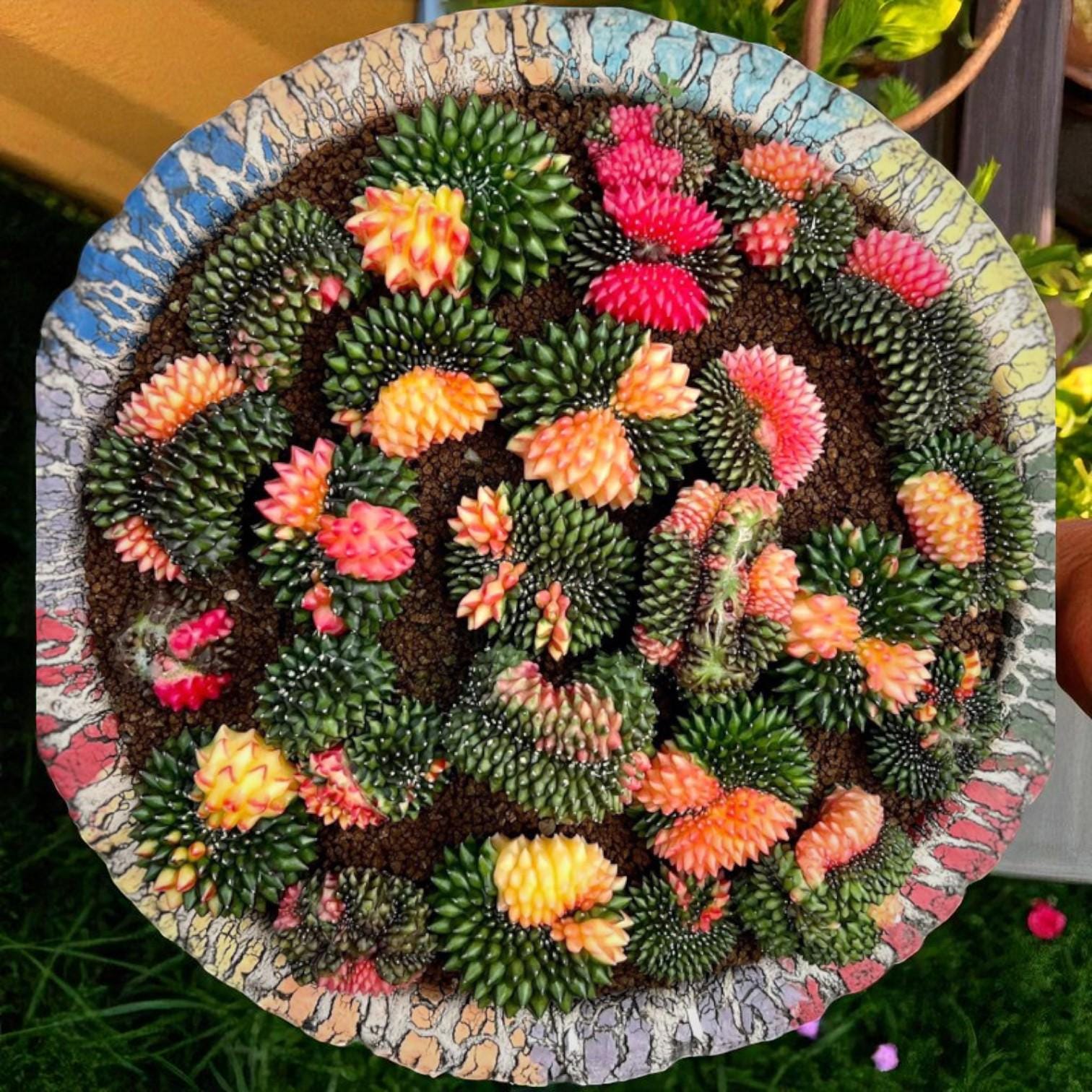Alt Tag: 2 variegated cactus plants indoor succulent gift in decorative pot, colorful easy-care indoor succulents