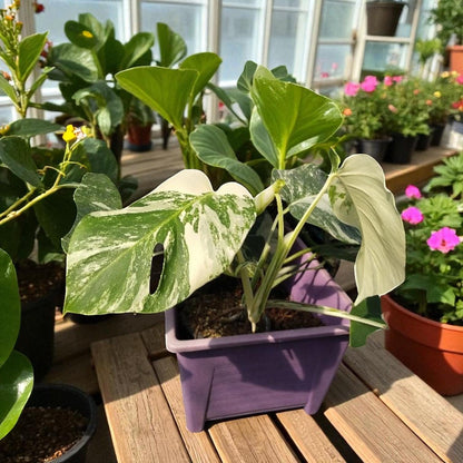 Alt Tag: variegated plant cutting green and white marbled leaves in purple pot on sunny patio with houseplants