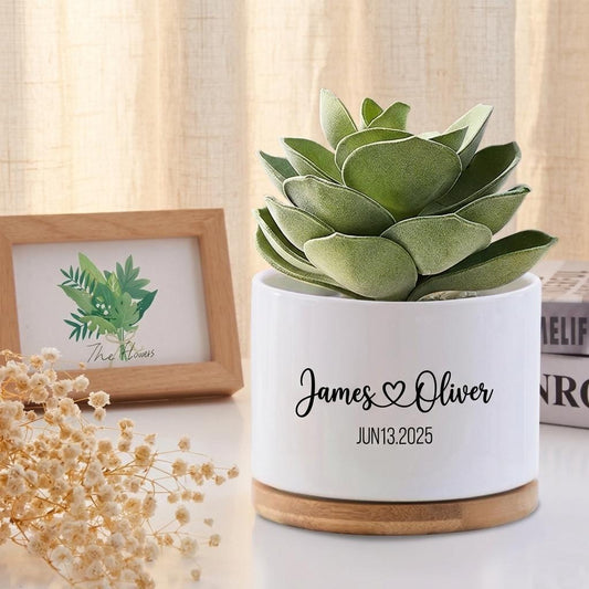 Main product photo of Personalized Couple Name Flower Pot, Custom Anniversary Planter Gift, Wedding Date Keepsake, Romantic Home Decor, Engagement Present, showing the primary view of the listing