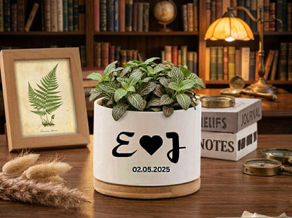 Styled Display View of Custom Initials Succulent Pot, Personalized Wedding Date Planter, Romantic Couple Gift, Engagement Keepsake Decor, Anniversary Present, highlighting its succulent look and listing presentation