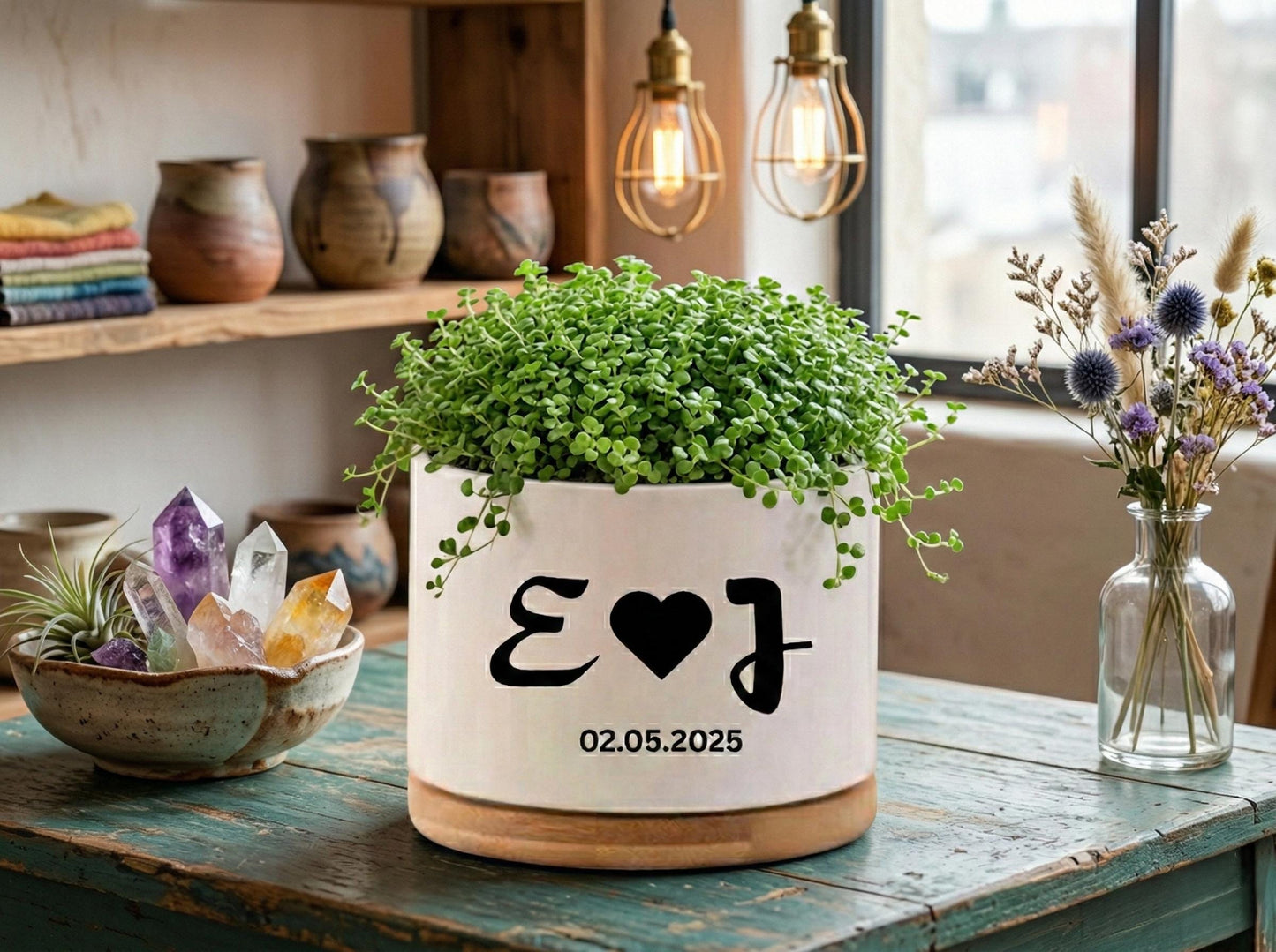 Additional Detail View of Custom Initials Succulent Pot, Personalized Wedding Date Planter, Romantic Couple Gift, Engagement Keepsake Decor, Anniversary Present, highlighting its succulent look and listing presentation