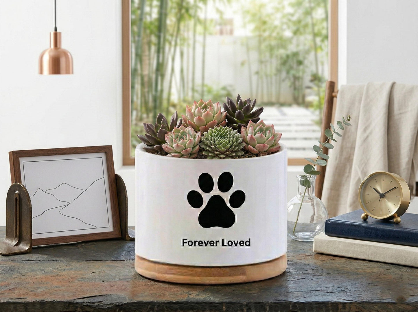 Packaging View of Custom Pet Memorial Succulent Pot, Paw Print Remembrance Planter, Personalized Dog Loss Gift, Cat Sympathy Keepsake Decor,Forever Loved Gift, highlighting its succulent look and listing presentation