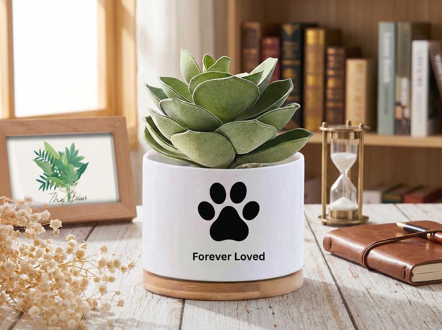 Secondary Angle of Custom Pet Memorial Succulent Pot, Paw Print Remembrance Planter, Personalized Dog Loss Gift, Cat Sympathy Keepsake Decor,Forever Loved Gift, highlighting its succulent look and listing presentation