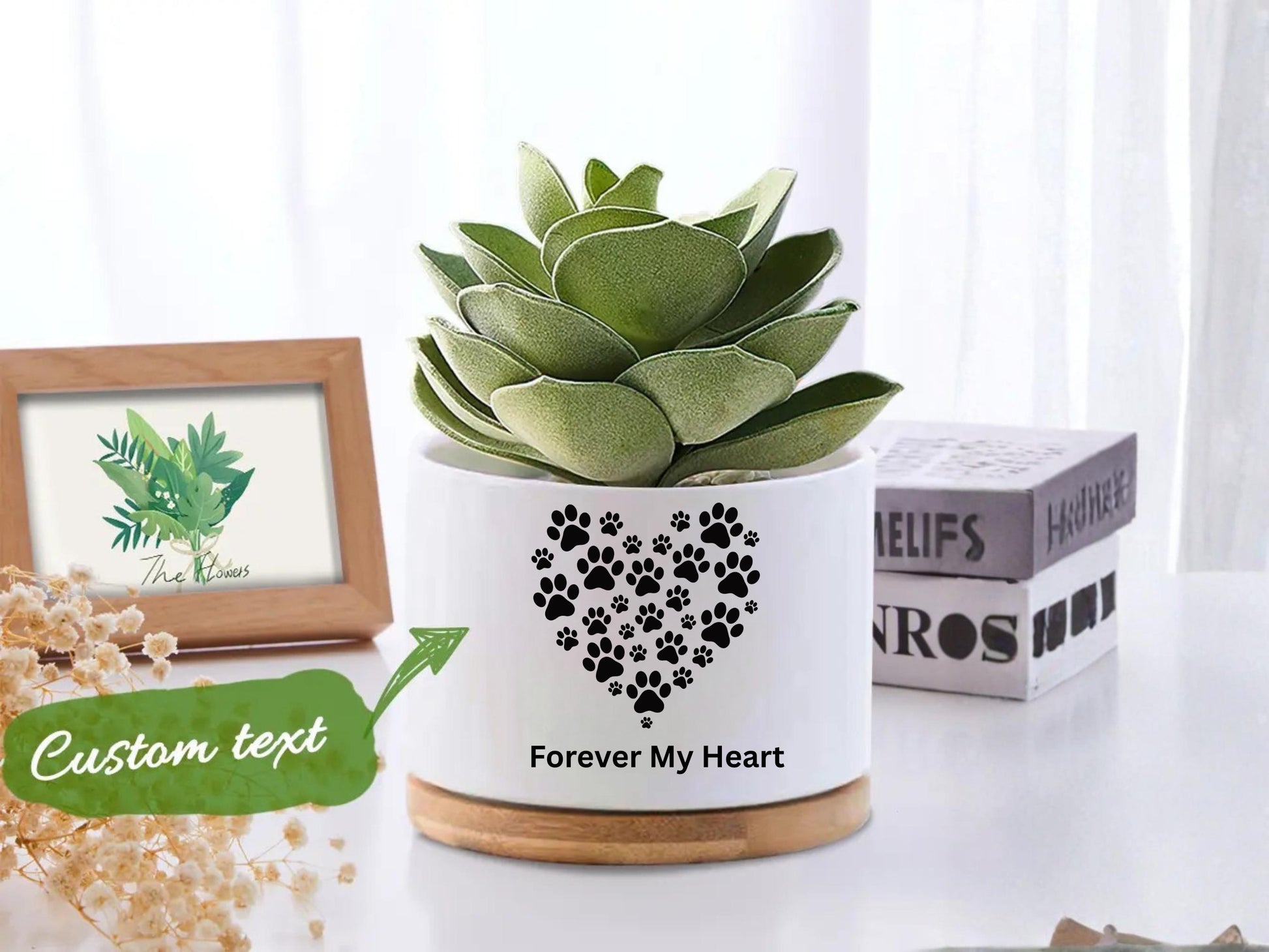 Additional Detail View of Custom Pet Memorial Succulent Pot, Paw Print Remembrance Planter, Personalized Dog Loss Gift, Cat Sympathy Keepsake Decor,Forever Loved Gift, highlighting its succulent look and listing presentation
