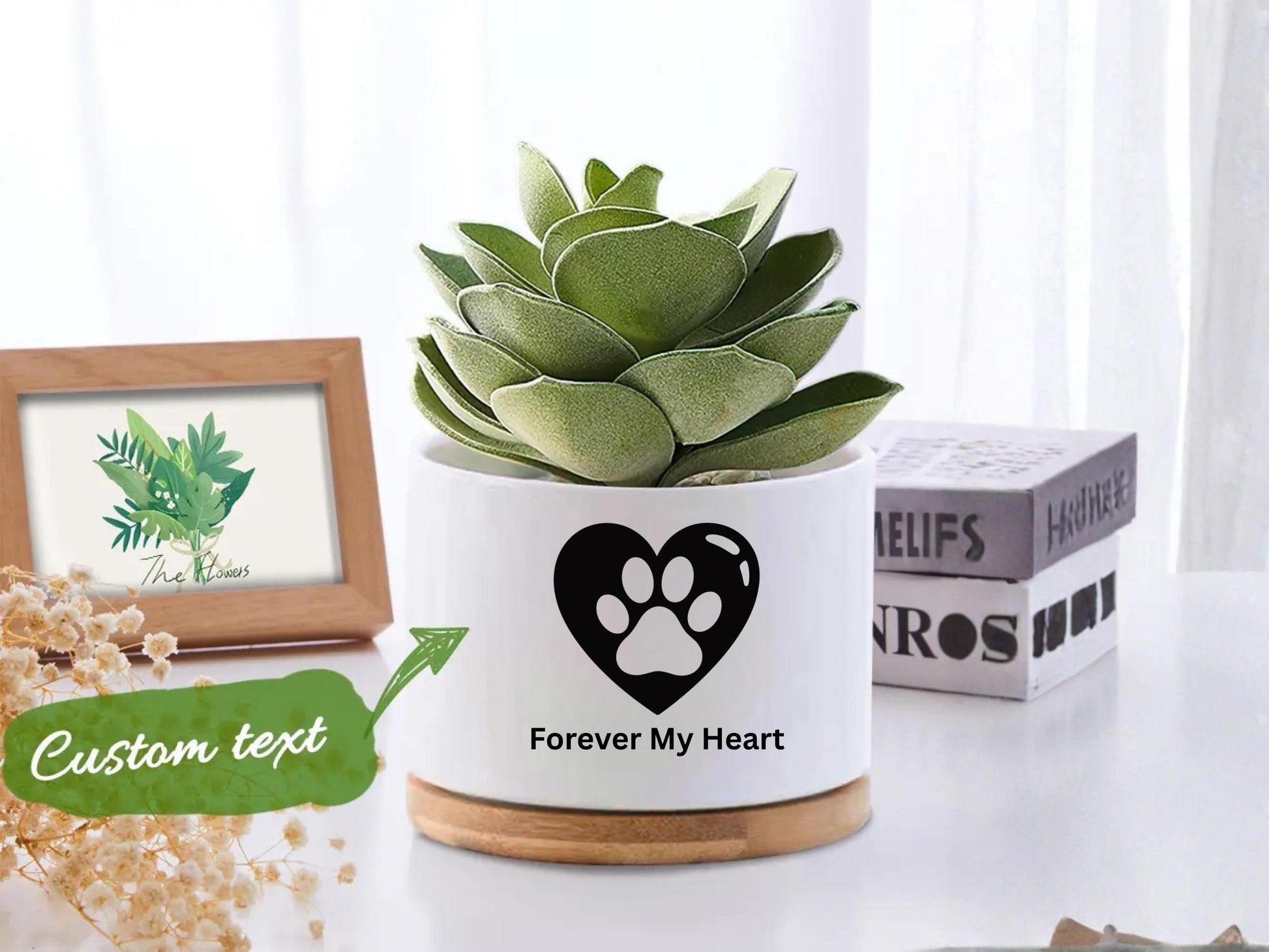 Overhead View of Custom Pet Memorial Succulent Pot, Paw Print Remembrance Planter, Personalized Dog Loss Gift, Cat Sympathy Keepsake Decor,Forever Loved Gift, highlighting its succulent look and listing presentation