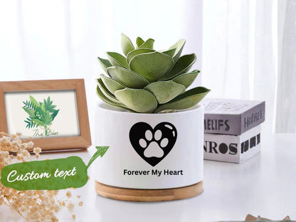 Overhead View of Custom Pet Memorial Succulent Pot, Paw Print Remembrance Planter, Personalized Dog Loss Gift, Cat Sympathy Keepsake Decor,Forever Loved Gift, highlighting its succulent look and listing presentation