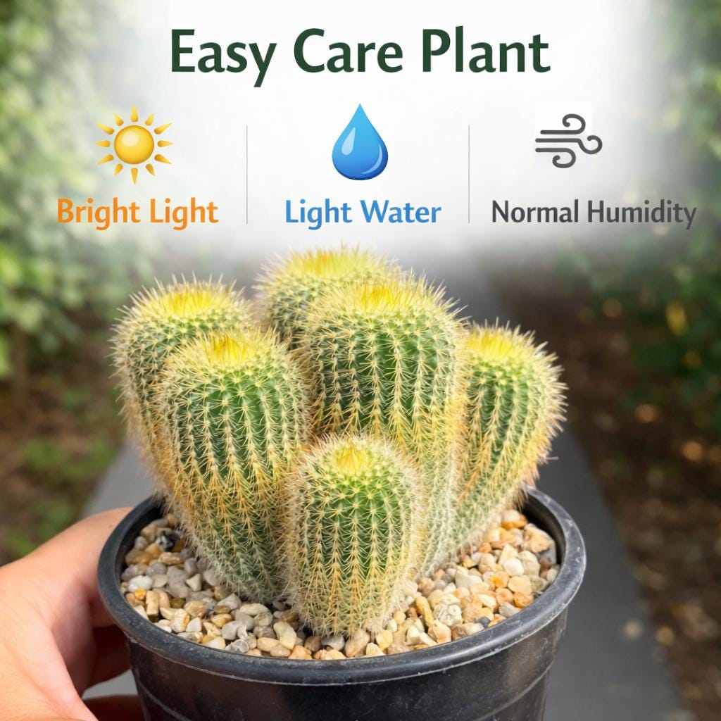 Side View of Golden Ball Cactus Indoor Plant, Mini Desert Succulent, Easy Care Houseplant, Small Potted Cactus, Desk Decor, Plant Lover Gift, highlighting its cactus look and listing presentation