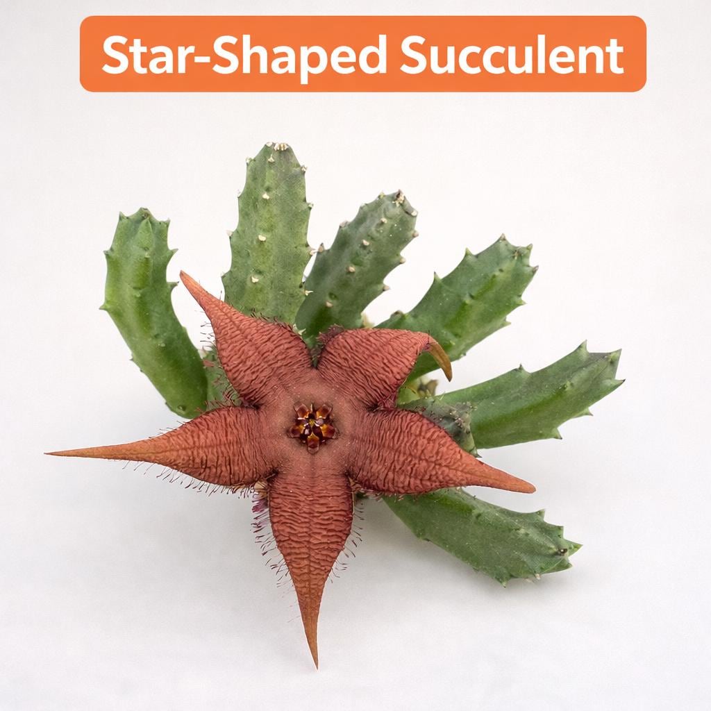 Close-Up Detail of Star-Shaped Succulent Live Plant, Spiky Indoor Cactus, Unique Flowering Houseplant, Easy Care Desk Plant, Exotic Home Decor Gift, highlighting its cactus look and listing presentation