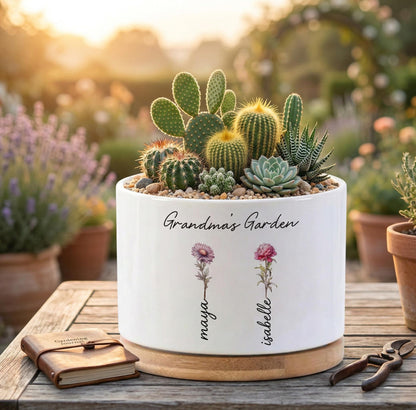 Alternate Angle of Grandma Birth Flower Planter, Personalized Grandmas Garden Pot, Custom Family Name Flower Pot, Mothers Day Gift for Grandma,Nana Plant Decor, highlighting its decor planter look and listing presentation