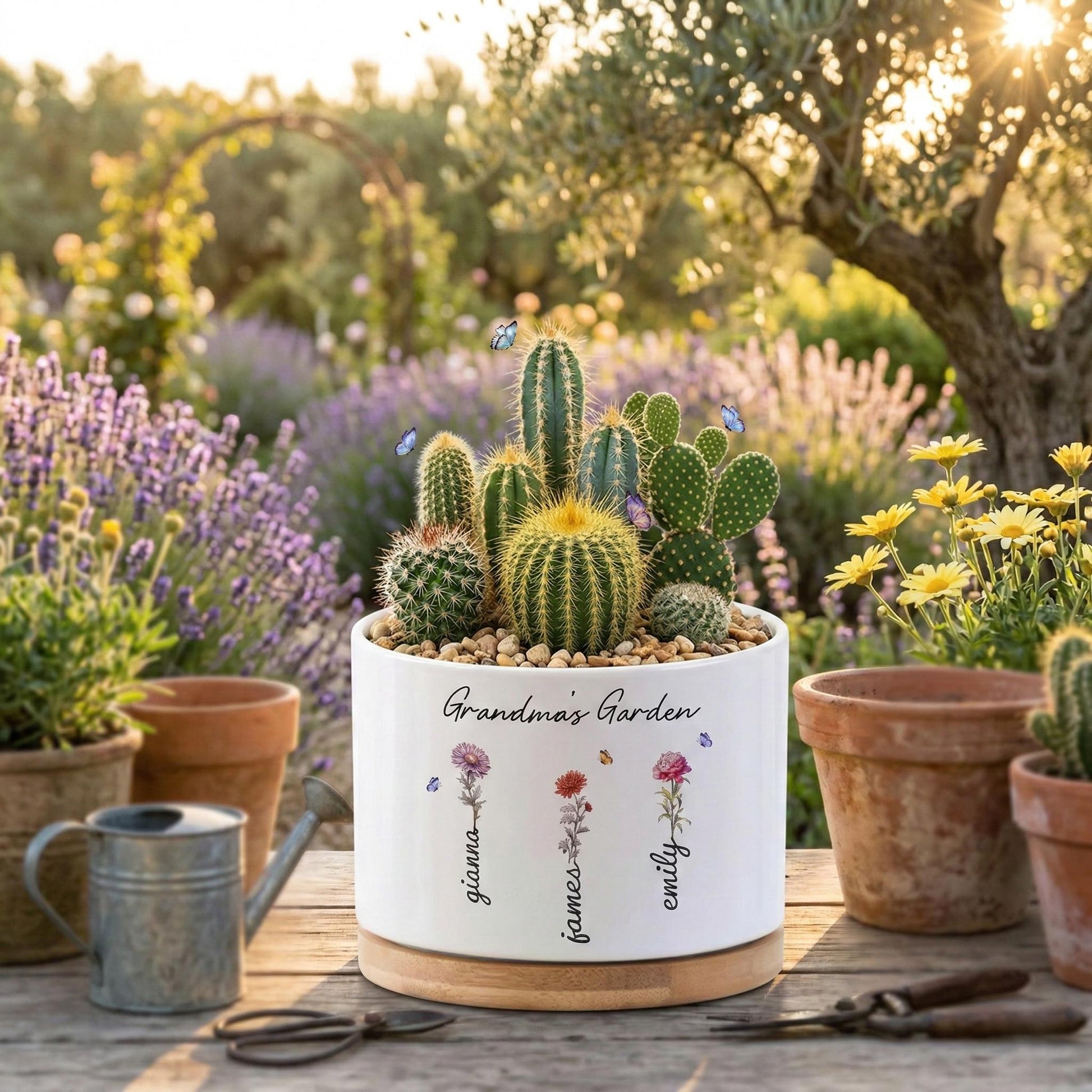 Scale Reference View of Grandma Birth Flower Planter, Personalized Grandmas Garden Pot, Custom Family Name Flower Pot, Mothers Day Gift for Grandma,Nana Plant Decor, highlighting its decor planter look and listing presentation