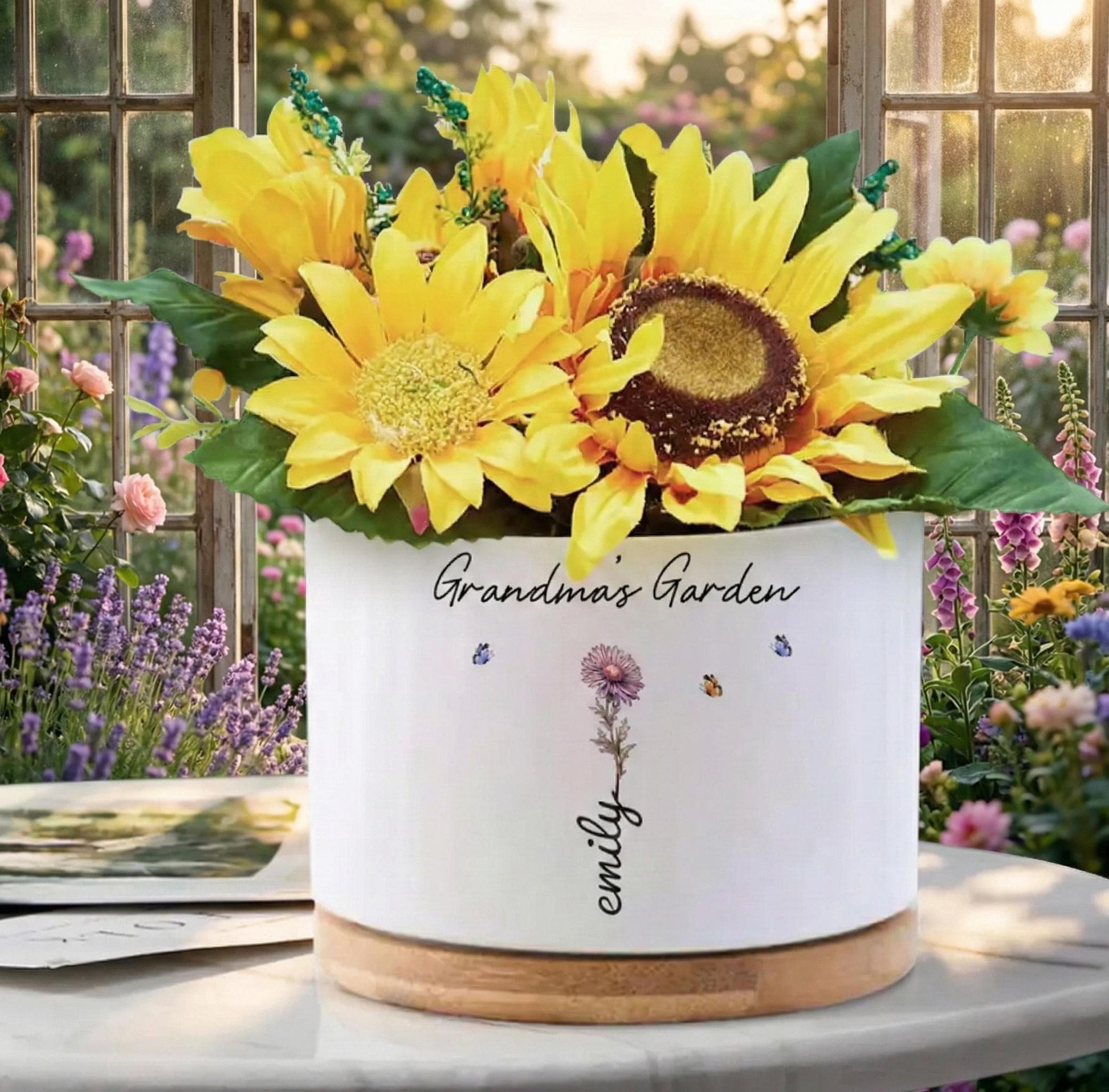Close-Up Detail of Grandma Birth Flower Planter, Personalized Grandmas Garden Pot, Custom Family Name Flower Pot, Mothers Day Gift for Grandma,Nana Plant Decor, highlighting its decor planter look and listing presentation