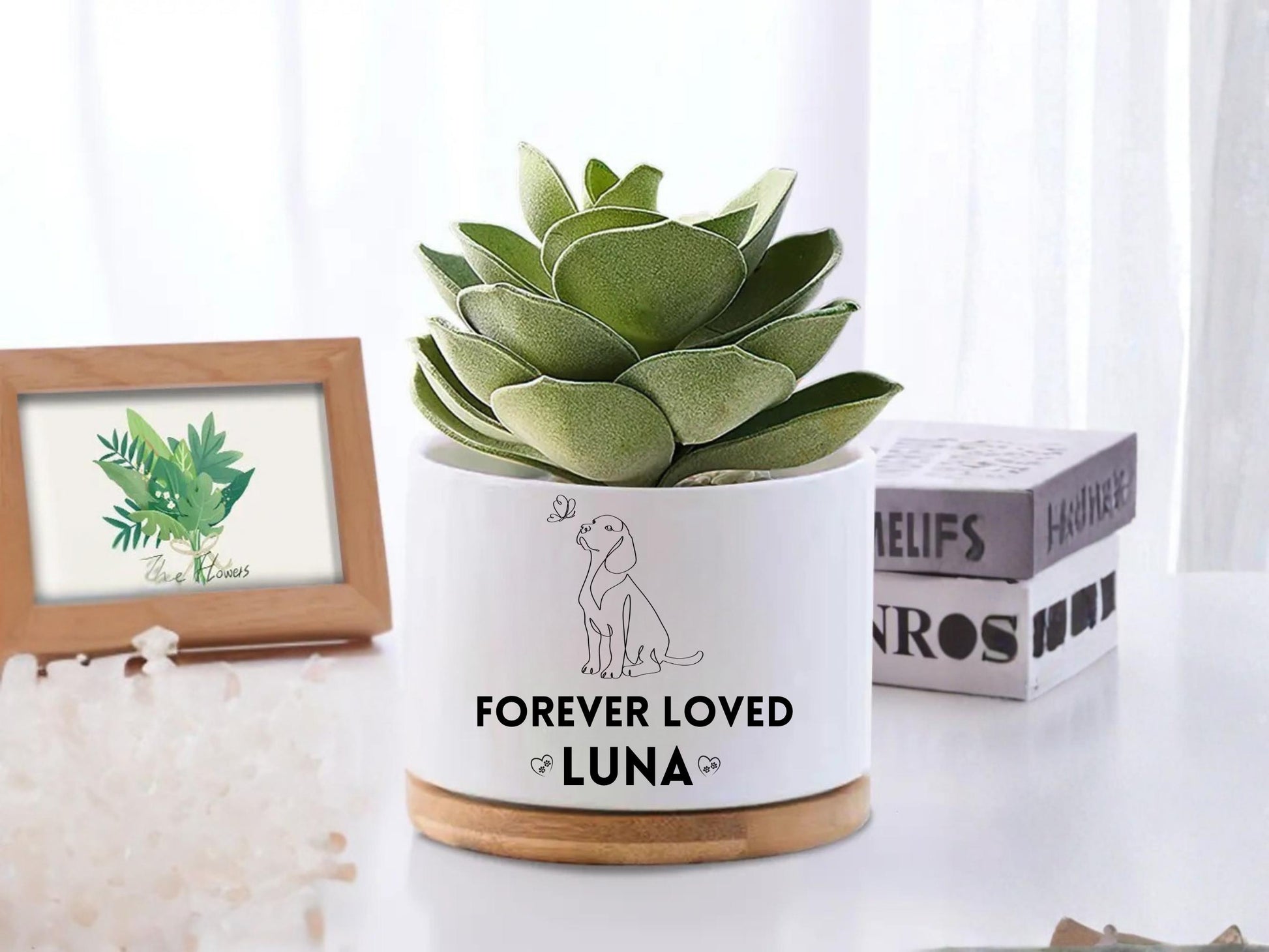 Styled Display View of Personalized Dog Memorial Planter, Forever Loved Pet Tribute Pot, Custom Pet Loss Gift, Puppy Remembrance Decor, Sympathy Keepsake, highlighting its decor planter look and listing presentation