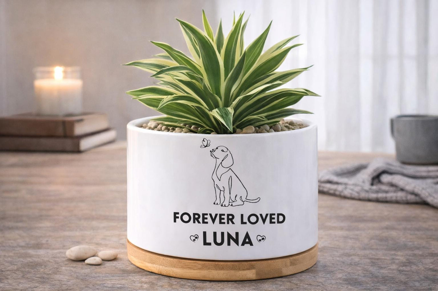 Additional Detail View of Personalized Dog Memorial Planter, Forever Loved Pet Tribute Pot, Custom Pet Loss Gift, Puppy Remembrance Decor, Sympathy Keepsake, highlighting its decor planter look and listing presentation