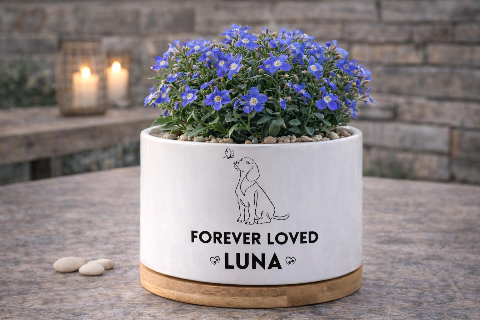 Main product photo of Personalized Dog Memorial Planter, Forever Loved Pet Tribute Pot, Custom Pet Loss Gift, Puppy Remembrance Decor, Sympathy Keepsake, showing the primary view of the listing
