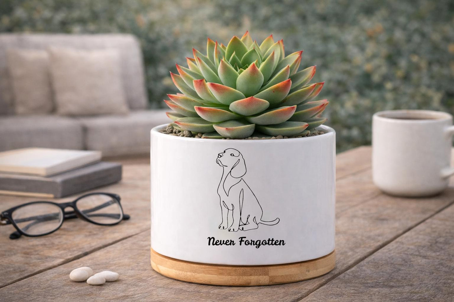 Styled Display View of Dog Memorial Planter, Never Forgotten Pet Tribute Pot, Pet Loss Sympathy Gift for Dog Lover, Puppy Remembrance Decor, Animal Memory Keepsake, highlighting its decor planter look and listing presentation
