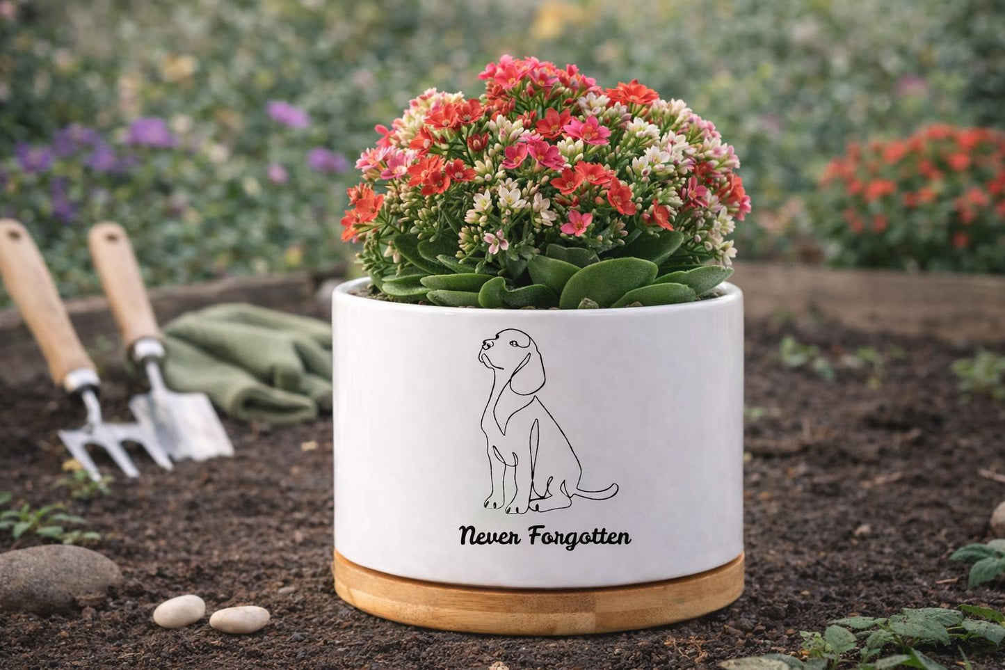 Side View of Dog Memorial Planter, Never Forgotten Pet Tribute Pot, Pet Loss Sympathy Gift for Dog Lover, Puppy Remembrance Decor, Animal Memory Keepsake, highlighting its decor planter look and listing presentation