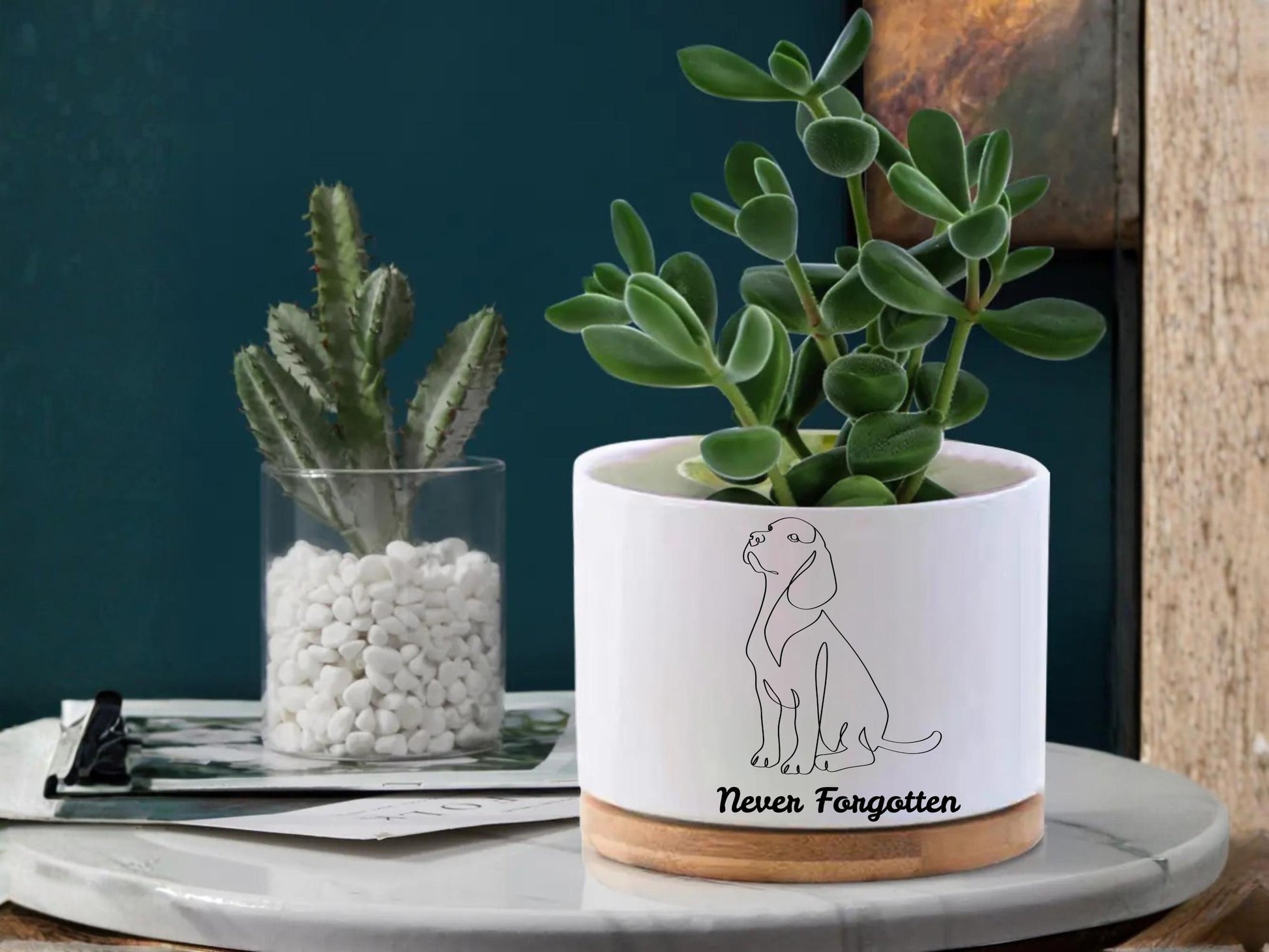 Alternate Angle of Dog Memorial Planter, Never Forgotten Pet Tribute Pot, Pet Loss Sympathy Gift for Dog Lover, Puppy Remembrance Decor, Animal Memory Keepsake, highlighting its decor planter look and listing presentation
