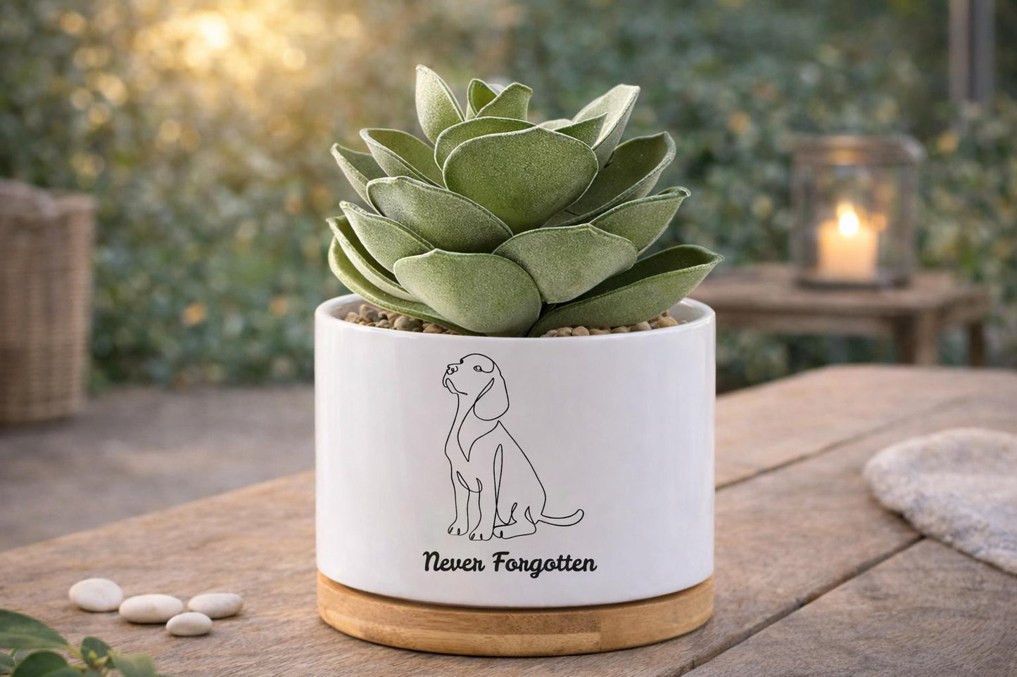 Overhead View of Dog Memorial Planter, Never Forgotten Pet Tribute Pot, Pet Loss Sympathy Gift for Dog Lover, Puppy Remembrance Decor, Animal Memory Keepsake, highlighting its decor planter look and listing presentation