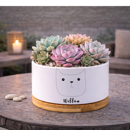 Overhead View of Pet Memorial Planter, Personalized Cat Memory Pot for Cat Lover, Kitty Tribute Gift for Pet Owner, Feline Remembrance Decor,Loss of Cat Gift, highlighting its decor planter look and listing presentation