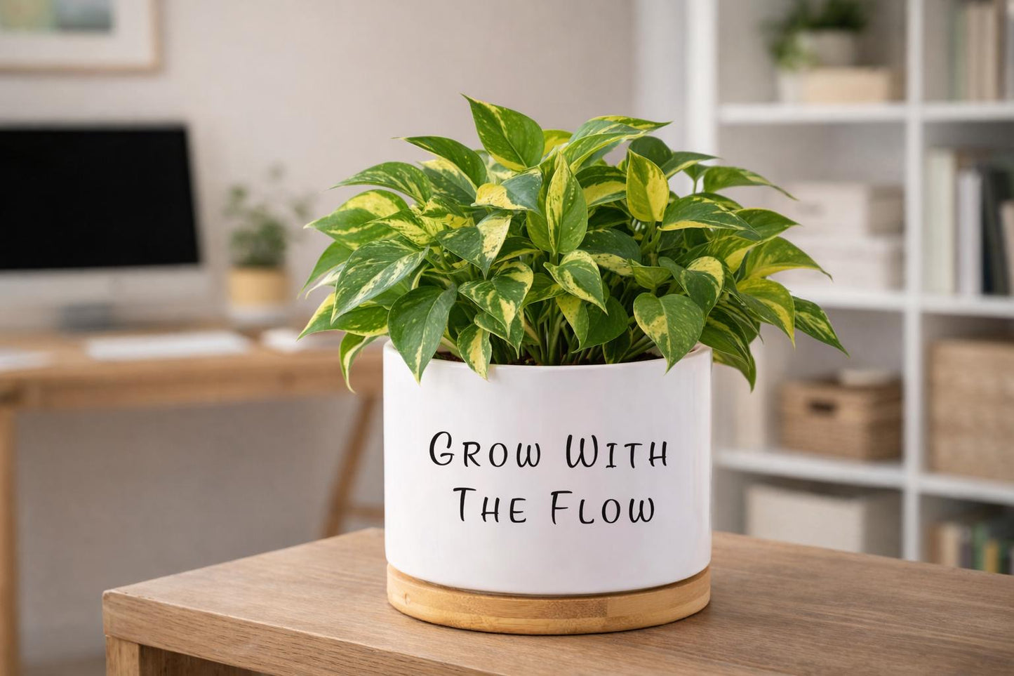Styled Display View of Personalized Succulent Planter Gift, Custom Quote Plant Pot, Motivational Desk Decor, Employee Appreciation Present, Office Keepsake, highlighting its succulent look and listing presentation