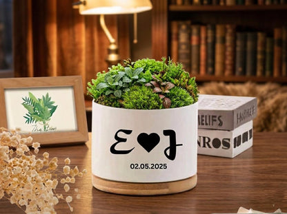 Alternate Angle of Custom Initials Succulent Pot, Personalized Wedding Date Planter, Romantic Couple Gift, Engagement Keepsake Decor, Anniversary Present, highlighting its succulent look and listing presentation