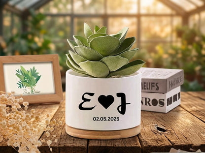 Overhead View of Custom Initials Succulent Pot, Personalized Wedding Date Planter, Romantic Couple Gift, Engagement Keepsake Decor, Anniversary Present, highlighting its succulent look and listing presentation