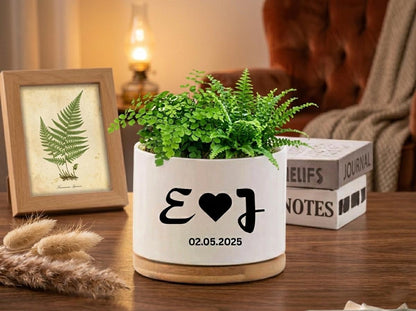 Scale Reference View of Custom Initials Succulent Pot, Personalized Wedding Date Planter, Romantic Couple Gift, Engagement Keepsake Decor, Anniversary Present, highlighting its succulent look and listing presentation