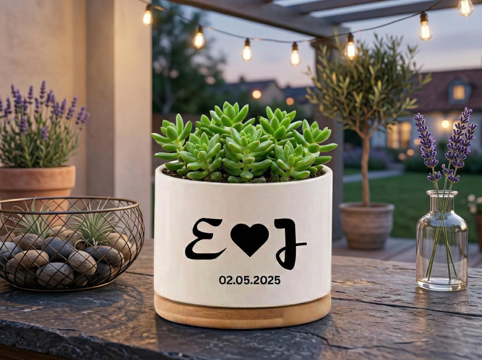 Packaging View of Custom Initials Succulent Pot, Personalized Wedding Date Planter, Romantic Couple Gift, Engagement Keepsake Decor, Anniversary Present, highlighting its succulent look and listing presentation