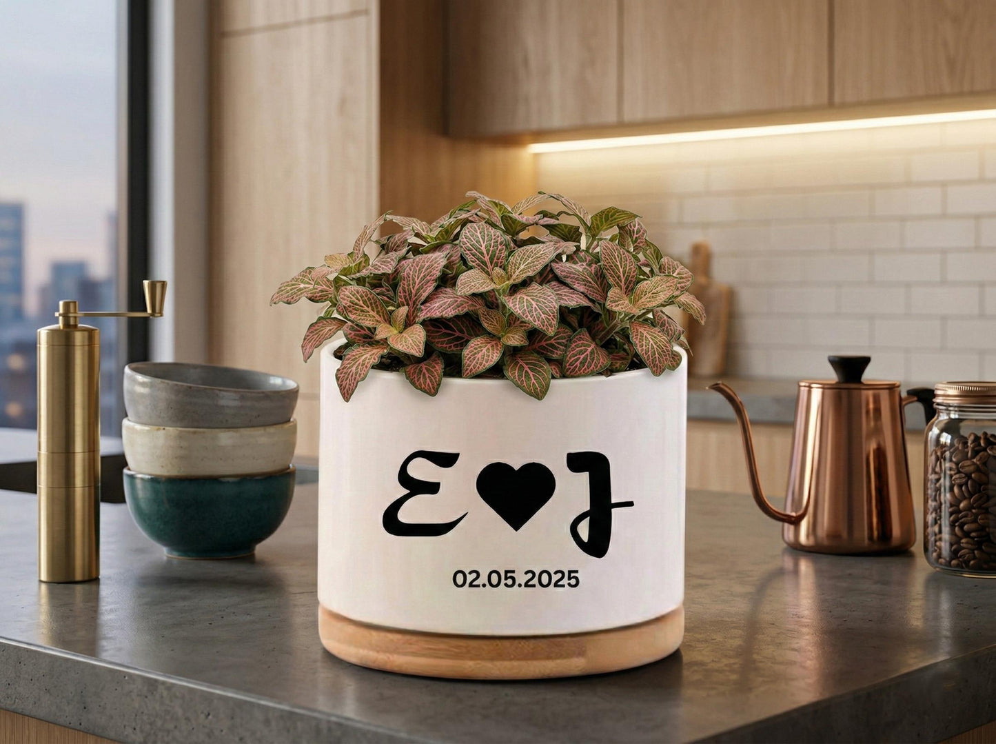 Close-Up Detail of Custom Initials Succulent Pot, Personalized Wedding Date Planter, Romantic Couple Gift, Engagement Keepsake Decor, Anniversary Present, highlighting its succulent look and listing presentation