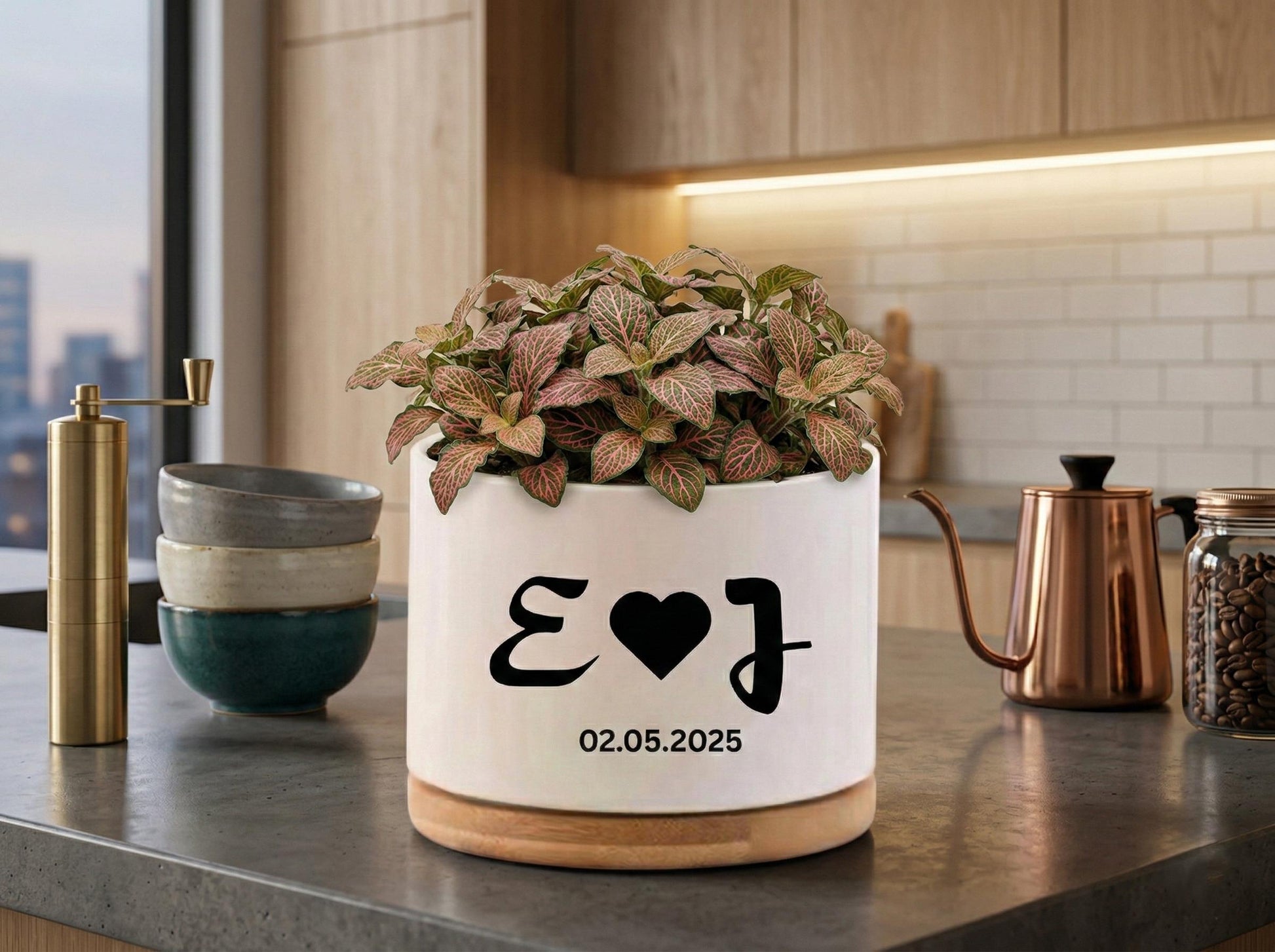 Close-Up Detail of Custom Initials Succulent Pot, Personalized Wedding Date Planter, Romantic Couple Gift, Engagement Keepsake Decor, Anniversary Present, highlighting its succulent look and listing presentation