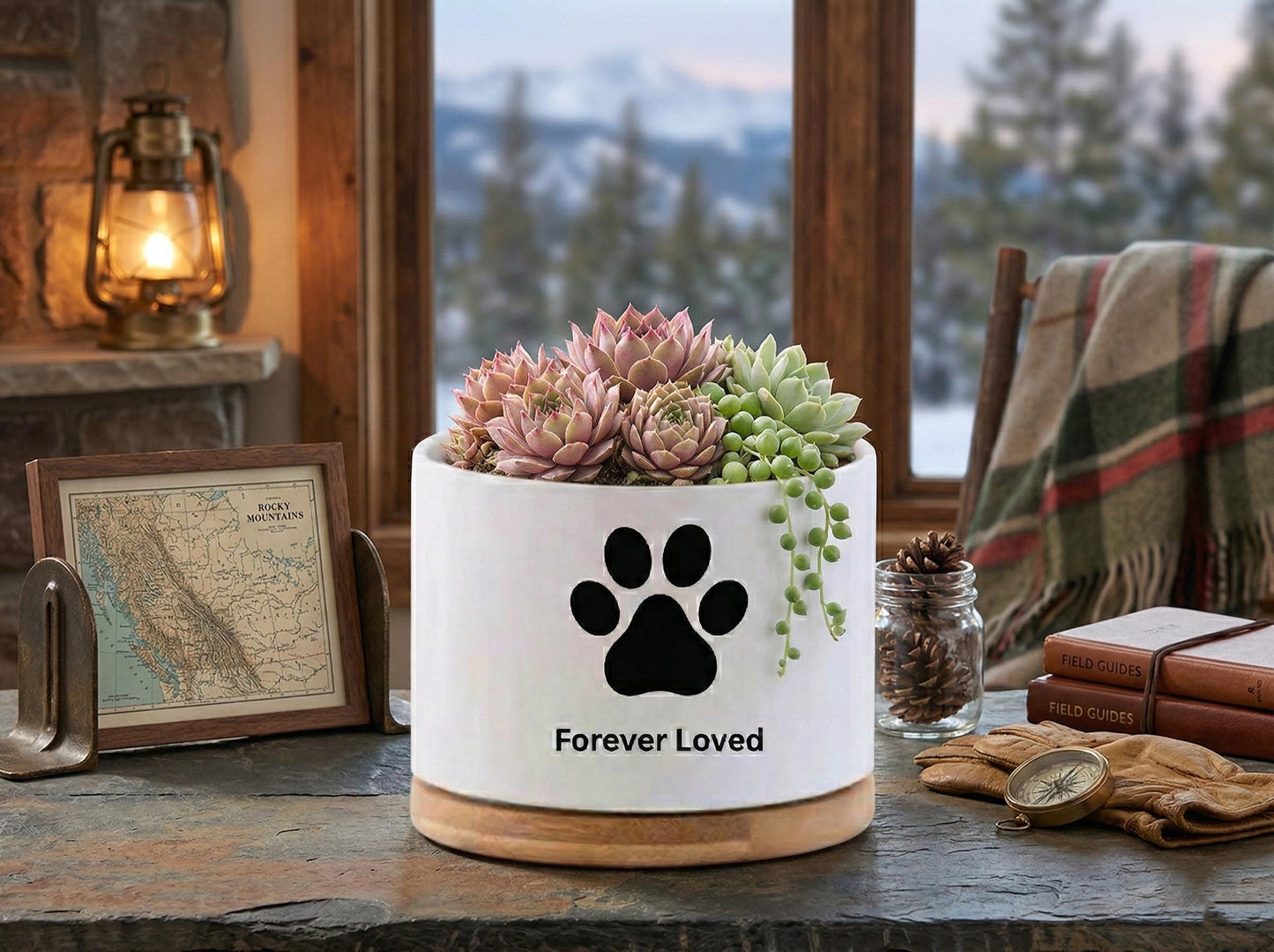 Alternate Angle of Custom Pet Memorial Succulent Pot, Paw Print Remembrance Planter, Personalized Dog Loss Gift, Cat Sympathy Keepsake Decor,Forever Loved Gift, highlighting its succulent look and listing presentation