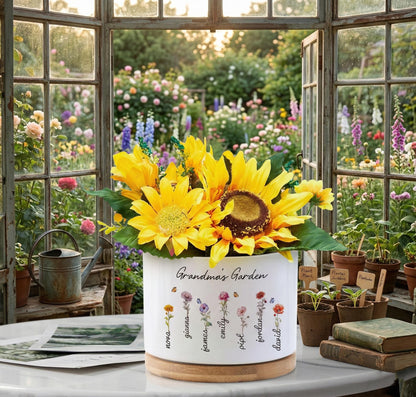 Overhead View of Grandma Birth Flower Planter, Personalized Grandmas Garden Pot, Custom Family Name Flower Pot, Mothers Day Gift for Grandma,Nana Plant Decor, highlighting its decor planter look and listing presentation