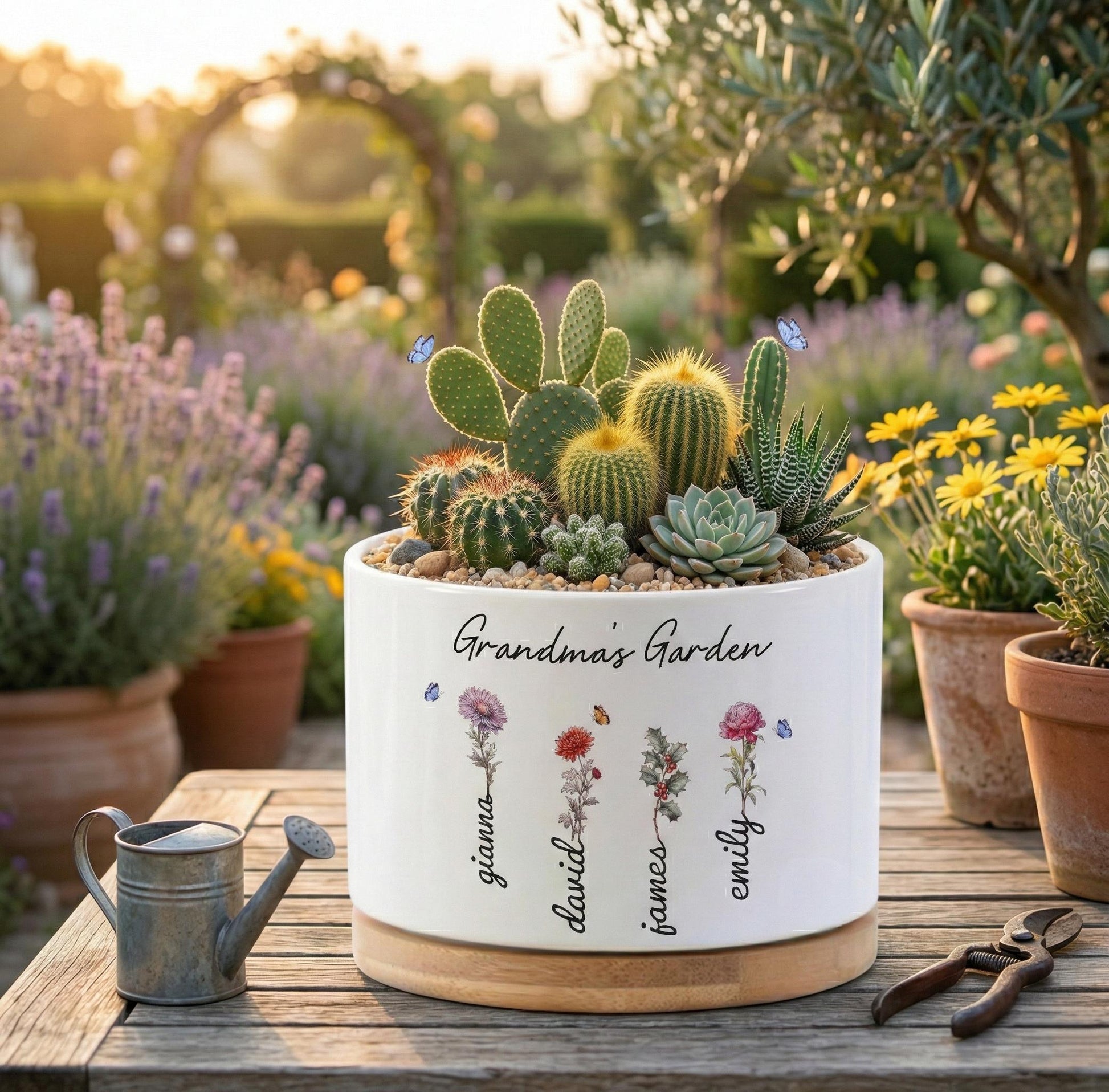 Styled Display View of Grandma Birth Flower Planter, Personalized Grandmas Garden Pot, Custom Family Name Flower Pot, Mothers Day Gift for Grandma,Nana Plant Decor, highlighting its decor planter look and listing presentation